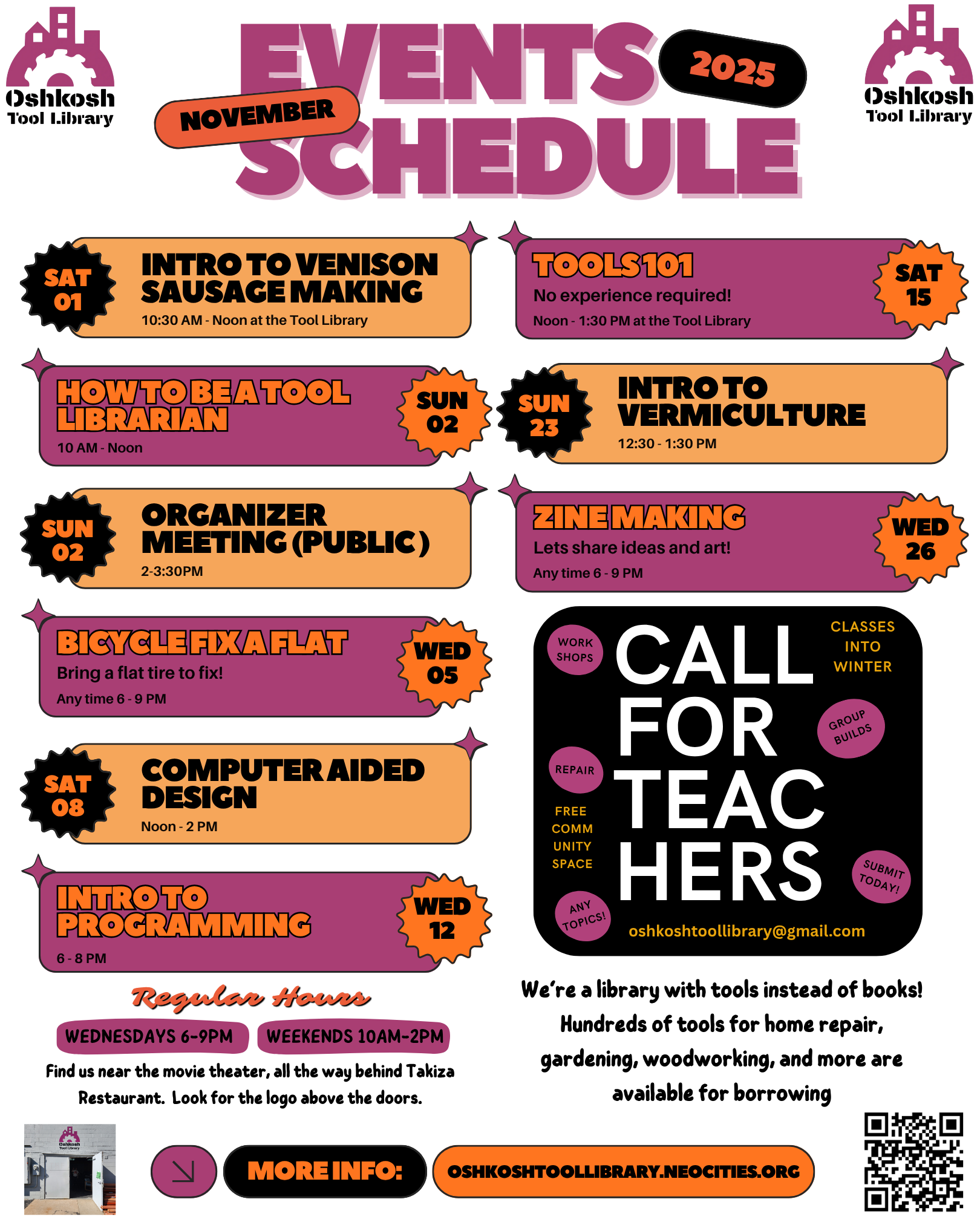 Poster of Oshkosh Tool Library November 2025 Events and Workshops